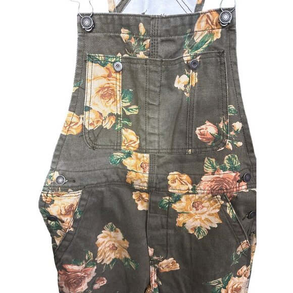 WE The Free Sz 25 Floral Patterned Olive Green Denim Overalls For Women - Picture 4 of 7